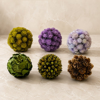 Handmade Preserved Topiary Balls, Decorative Botanical Bowl Filler in Purple, Green & Brown, Set of 6