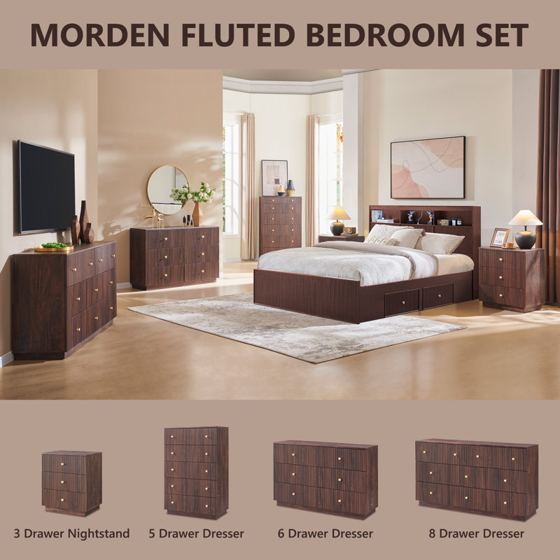 Ensemble de 2 tables de bout modernes de 25,98 po de hauteur, table de bout en bois de 21,65 po de large avec station de charge, tiroirs de rangement avec profil cannelé pour la chambre à coucher, brun