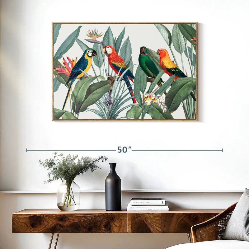 Tropical Safari Parrots, Floating Frame Natural Wood, 37" X 25"