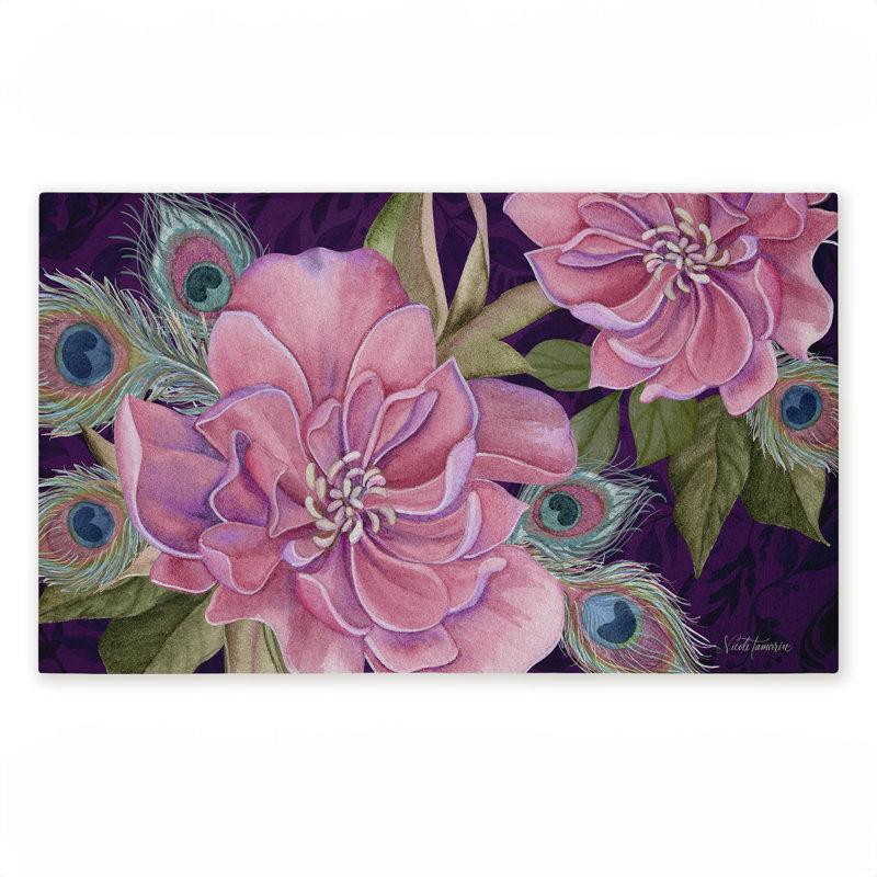 Tapis de porte d'extérieur imprimé plumes de paon Midnight Garden, par Nicole Tamarin, 18 po x 30 po
