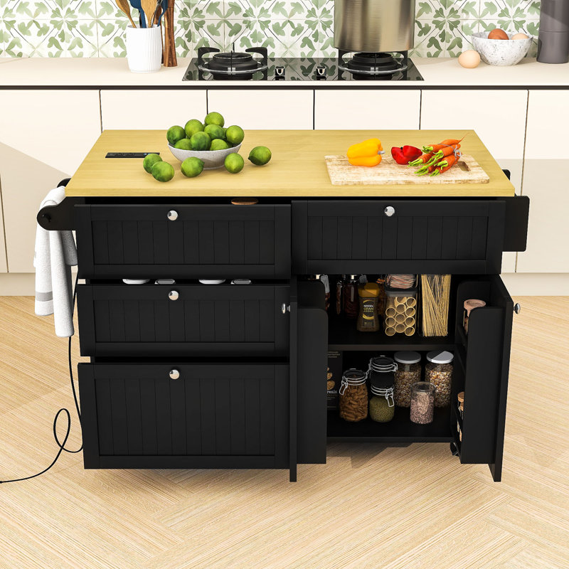 Ensemble d'îlot de cuisine avec abattant, 2 tabourets, tiroirs de rangement et armoire, Noir, noir, noir, noir