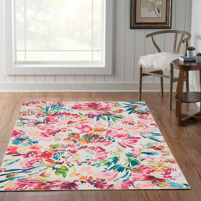 Tapis lavable à la framboise et à l'ivoire tissé à la machine Migliore, Rectangle 5 pi x 7 pi