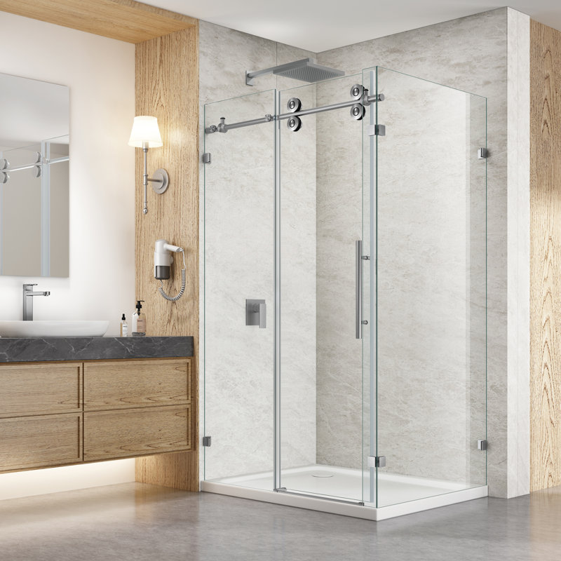Cabine de douche coulissante sans cadre de 46 po x P 36 po x H 76 po avec verre transparent 5/16 po