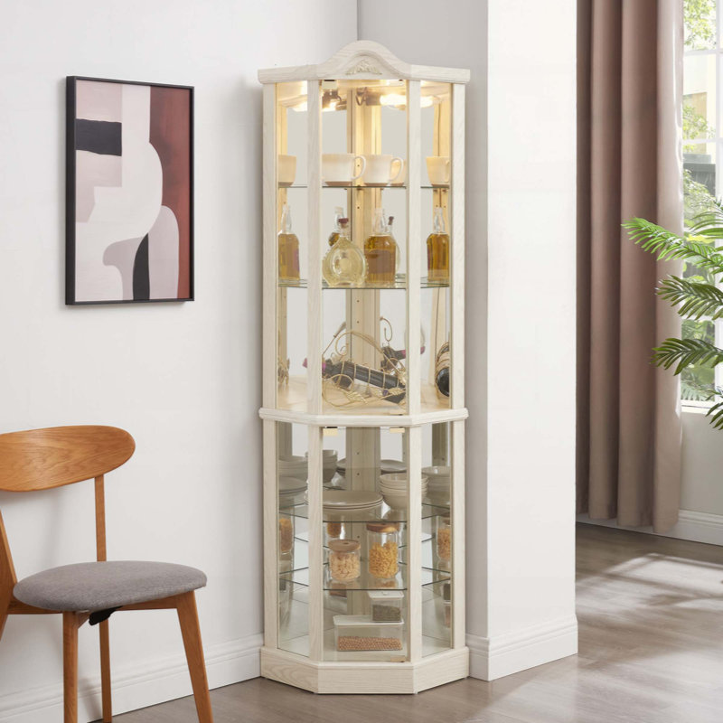 Vitrine d'angle vitrée lumineuse avec tablettes réglables, Blanc