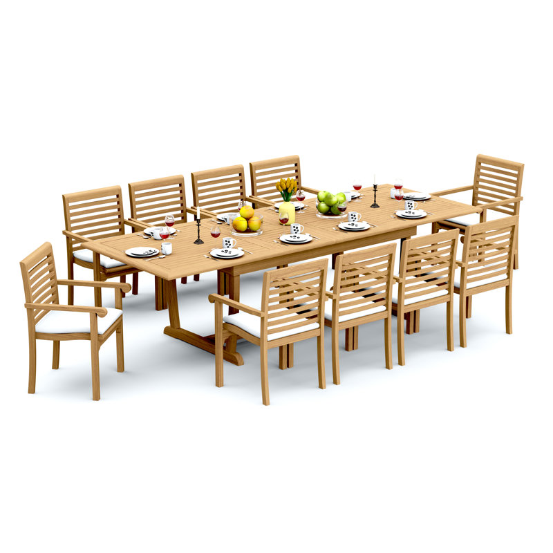 9 Pcs Grade-A Teak Wood Dining Set: 118" Double Extension Mas Rectangle Trestle Leg Table And 8 Hari Stacking Arm Chairs #11HR2508