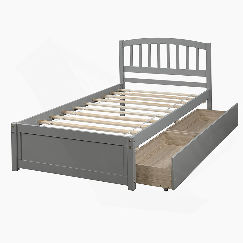 Base de lit plateforme en bois avec deux tiroirs et tête de lit, Gris