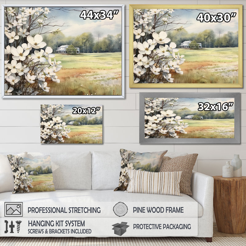 Cornouiller blanc gris à la ferme I - Art mural floral, H 16 po x l 32 po x P 1 po, Toile tendue