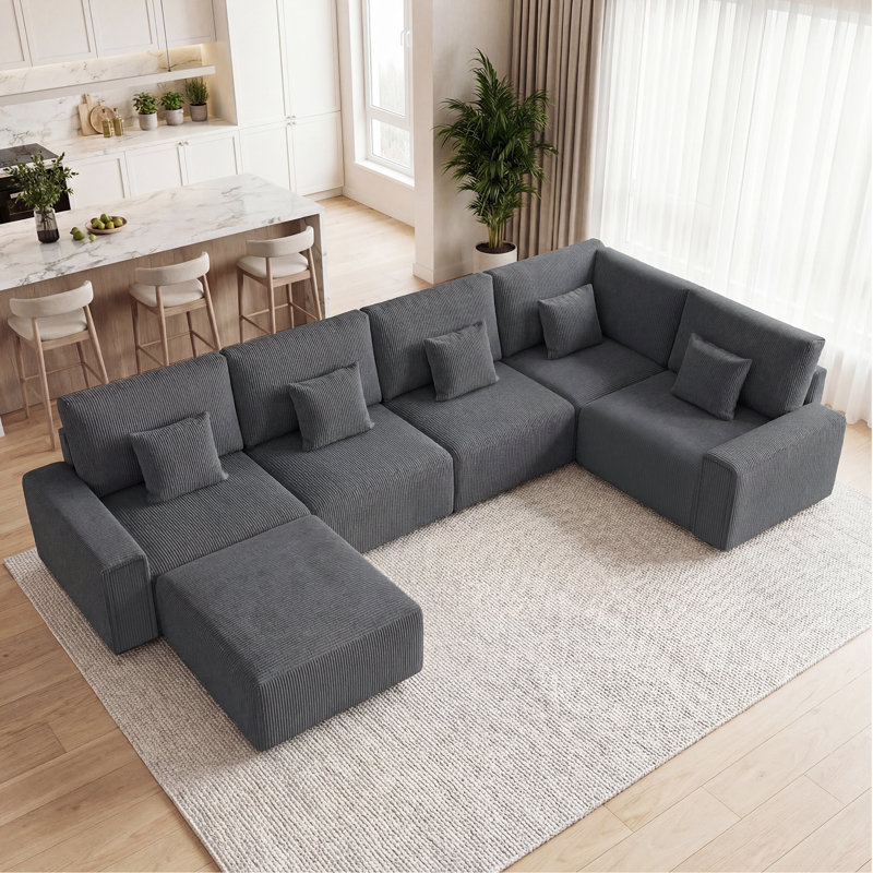 6-Piece Modular Corduroy Sectional Sofa with Ottoman, Reconfigurable Couch Sectional for Living Room, Bedroom, Office