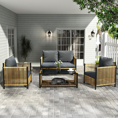 Patio 4 Pieces PE Wicker Sofa Set With Grey Cushion