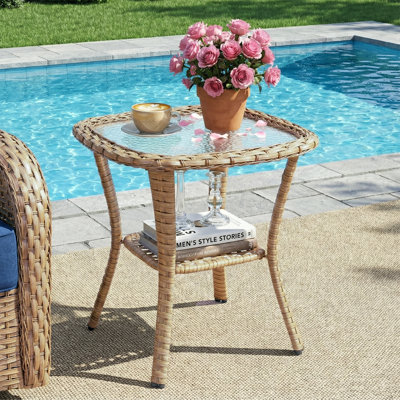 20 inch Patio Side Table, Outdoor Patio Wicker Square End Table Double Storage Layer, All-Weather Rattan Coffee Tables Porch Furniture for Backyard Poolside Garden