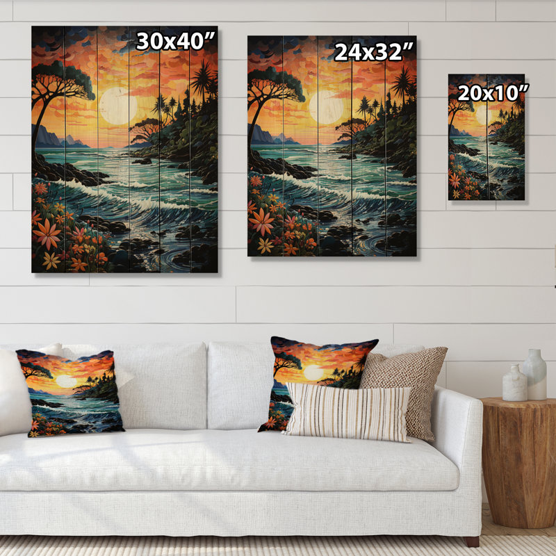 Coastaltropical, paradis tropical, pointillisme, impression sur bois naturel, H 20 po x l 10 po x P 0,78 po