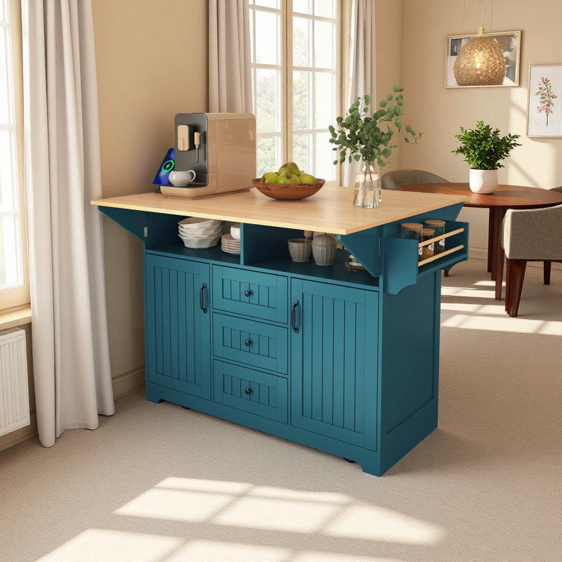 55.7'' Large Kitchen Island With 2 Drop Leaf,, Rolling Kitchen Cart On 5 Wheels With Power Outlet, Folding Storage Dining Table With Spice & Towel Rack , 3 Drawers, For Kitchen, Dining Room