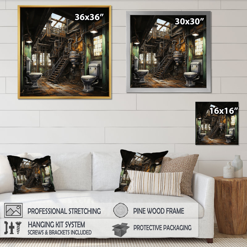 " Toilet Industrial Elegance Mixed II ", Black Floater Framed, 24" H x 24" W x 1" D