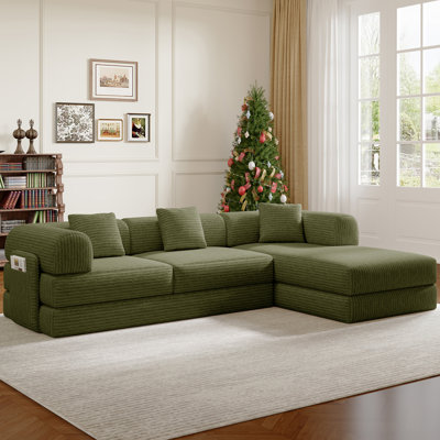 106.3" L-Shaped Cloud Sectional Compression Sofa with Reversible Left & Right Oversized Chaise, Modern Convertible Floor Sofa Bed, Corduroy Fabric, Round Platform Design with Metal Frame, Fixed-Shape Frame,Green