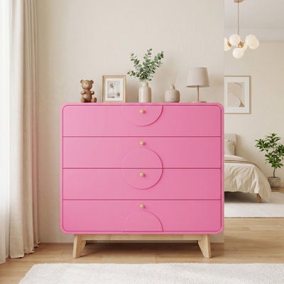 Commode géométrique avec façades de tiroirs en demi-lune, commode de rangement de style moderne du milieu du siècle avec poignées en bois et pieds fuselés, 4 ou 6 tiroirs