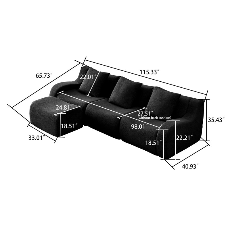 Canapé modulaire rembourré 3 places avec repose-pieds, Ours en peluche noir, H 35,43 po x l 115,33 po x P 65,73 po