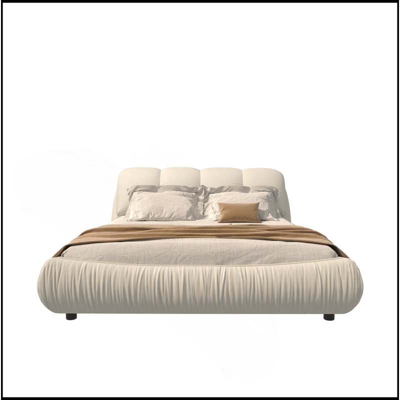 Lit plateforme tapissier luxueux avec dossier rembourré surdimensionné et structure en bois massif, Beige, Queen