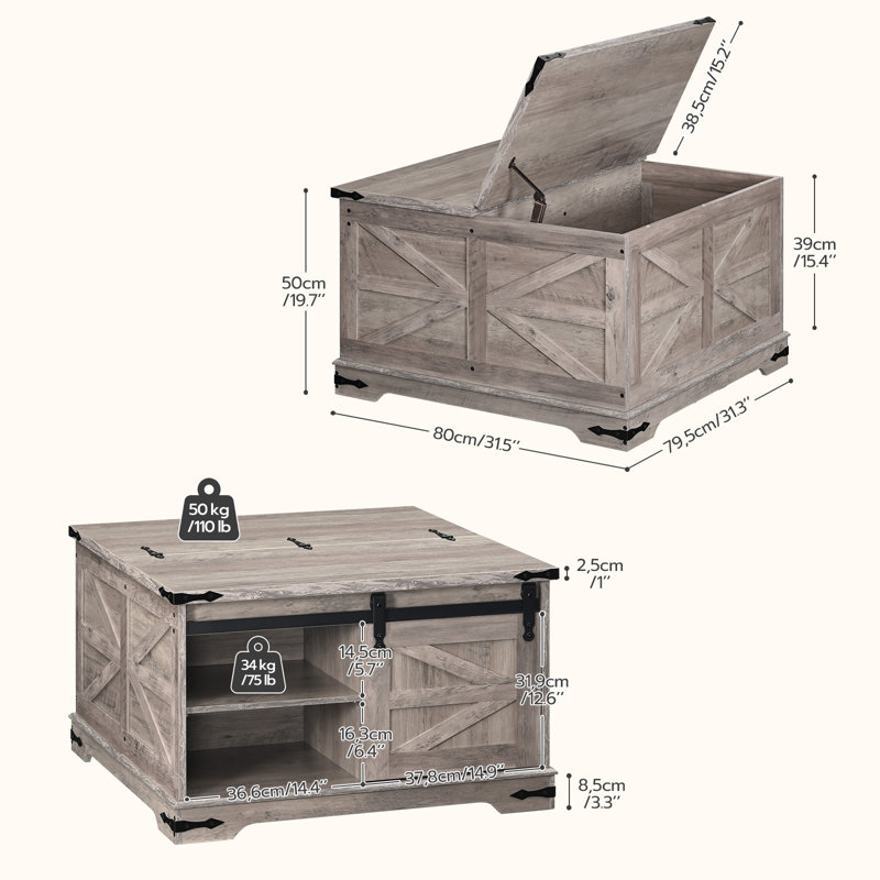Gray Square Lift-Top Farmhouse Coffee Table with Storage