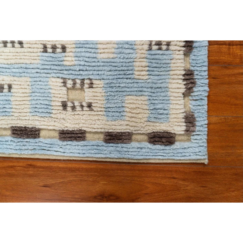 Petit tapis décoratif 3 x 5 po, tapis en laine noué à la main, tapis géométrique crème bleu clair, tapis de labyrinthe scandinave texturé moderne de style indien de luxe
