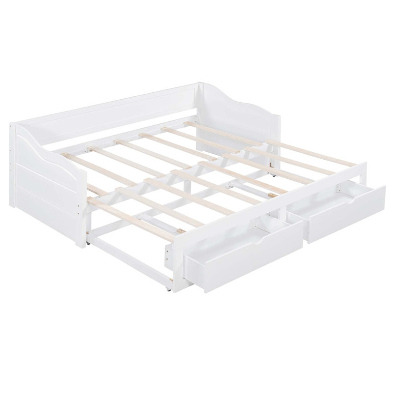 Lit de jour polyvalent en bois avec lit gigogne extensible et deux tiroirs de rangement, Blanc