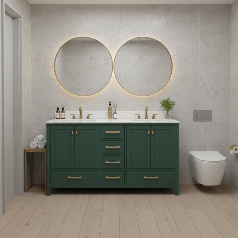 Meuble-lavabo de salle de bain de 60 pouces avec lavabo double, structure en bois massif, monobloc, comptoir de toilette autoportant, vert, tiroirs à fermeture en douceur