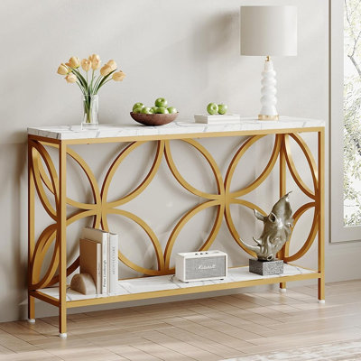 Narrow Industrial Sofa Table with Storage Shelf, White and Gold Entryway Console Table with Decorative Metal Frame