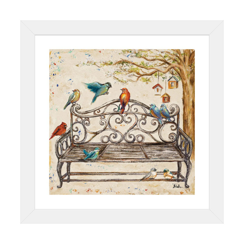 «Birds on the Bench» par Patricia Pinto - reproduction, H 16 po x l 16 po x p 1 po, Papier encadré blanc, Blanc