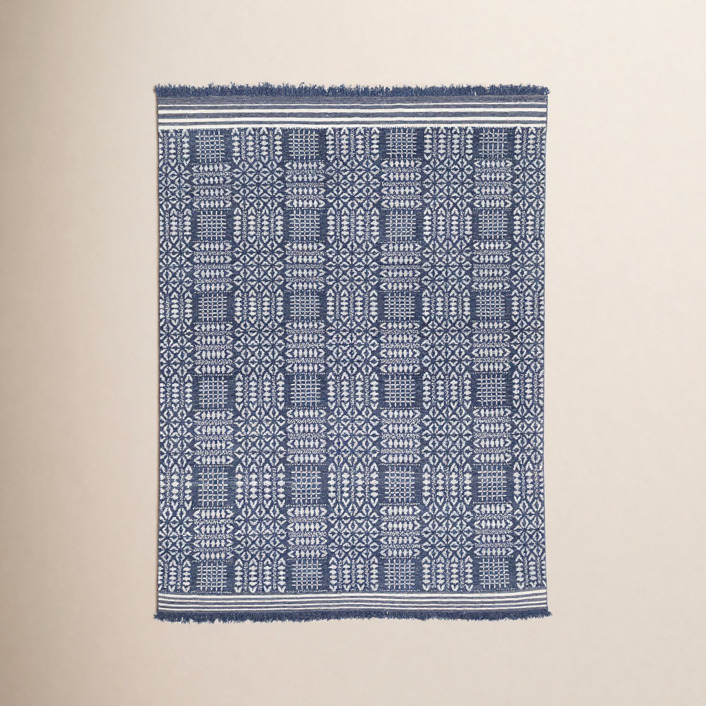 Middlebury Navy White Hand-Knotted Geometric Rug, Rectangle 7'6" x 9'6"