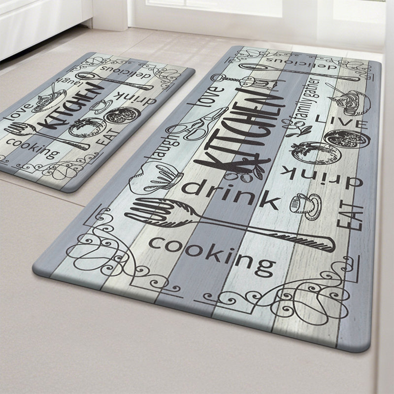 Anti-Fatigue Non-Skid Waterproof Kitchen Mat (Set of 2), Runner 18" x 30" + 18" x 48", Gray/Teal/Beige