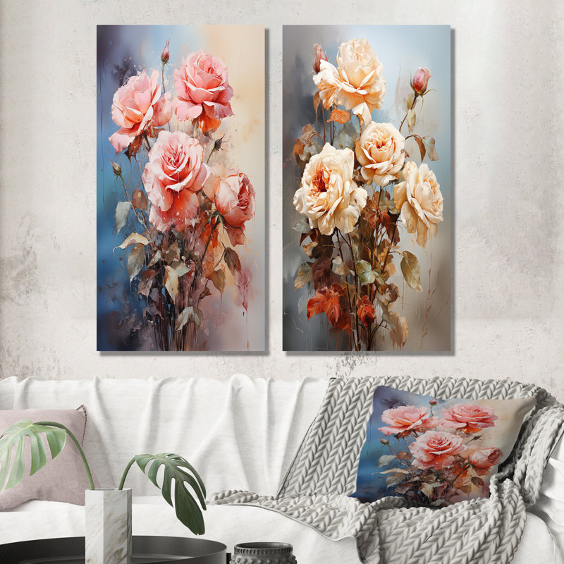 Harmonous Rose Bouquet - Roses, ensemble de 2 reproductions d'art mural en métal, H 28 po x l 24 po