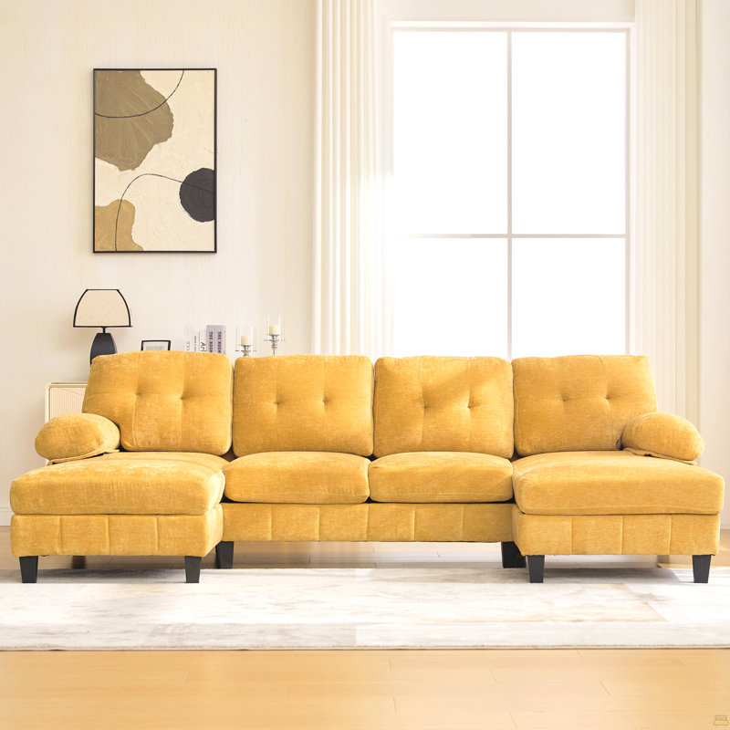 Canapé modulaire en U en chenille de 103,5 po avec double méridienne, poches de rangement et coussins pour accoudoirs, Jaune