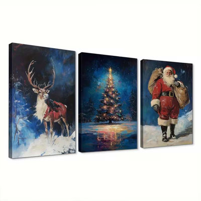 36*24，3pcs Christmas Canvas Wall Art Set, Wrapped in Canvas, Featuring Vintage Santa Claus.