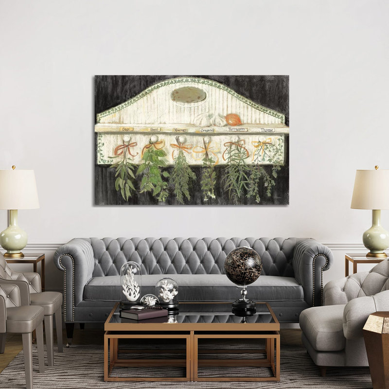 «Herbs on Pegs Black» par Carol Rowan - peinture sur toile tendue, H 40 po x l 60 po x 1,5 po