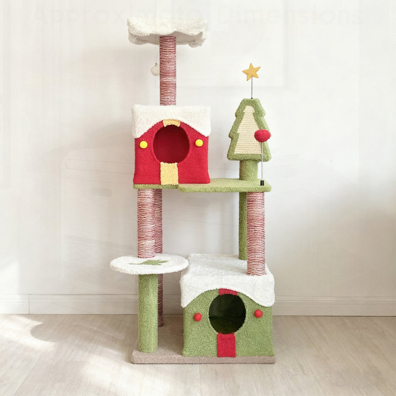 Arbre à chat à plusieurs niveaux avec poteaux à griffes et cachettes douillettes pour Noël