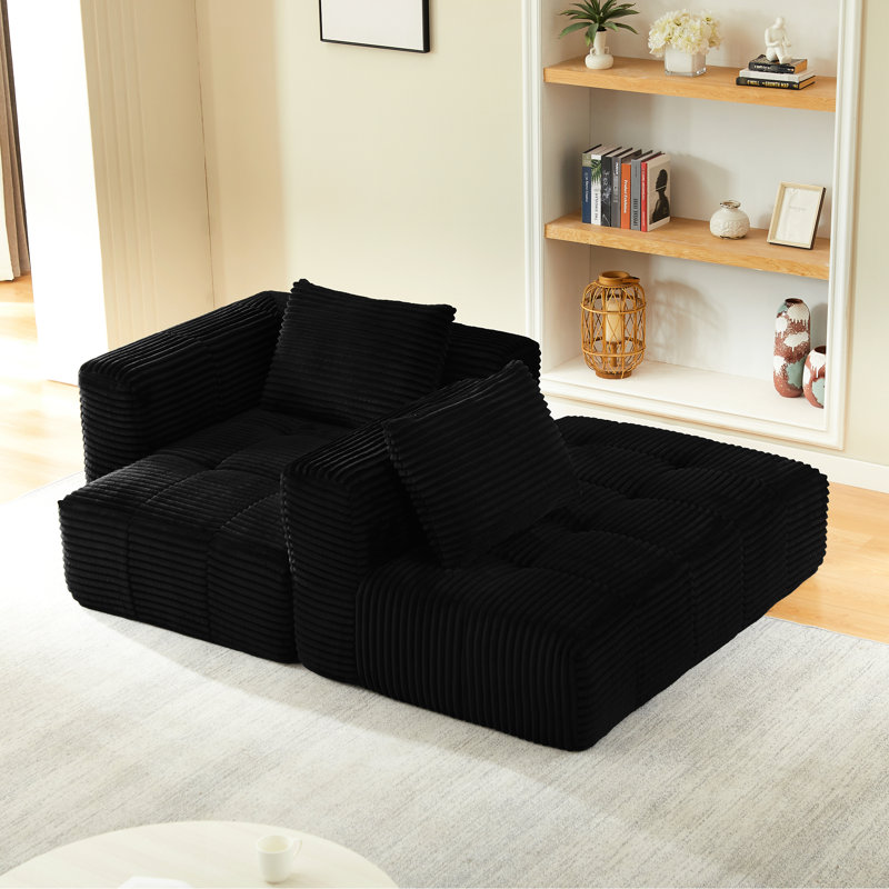 Canapé modulaire à 3 nuages avec méridienne, canapé modulaire en forme de L, revêtu de velours côtelé doux, sans assemblage, coussins à ressorts confortables, style minimaliste moderne pour le salon, noir, minimaliste,