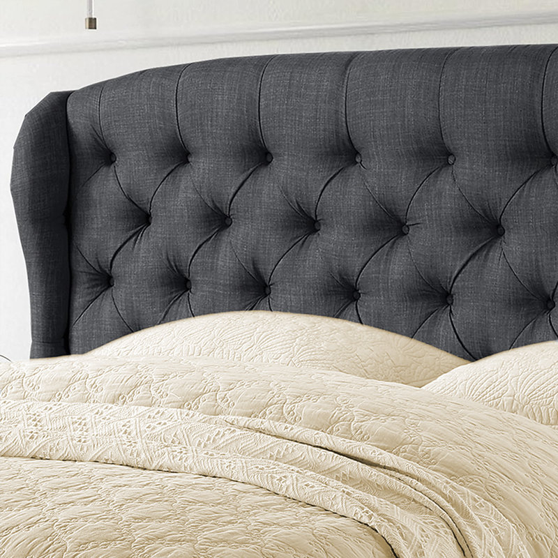 Luxury Linen Upholstered Wingback Headboard – Modern - Adjustable Height - Button Tufting, Black, Queen