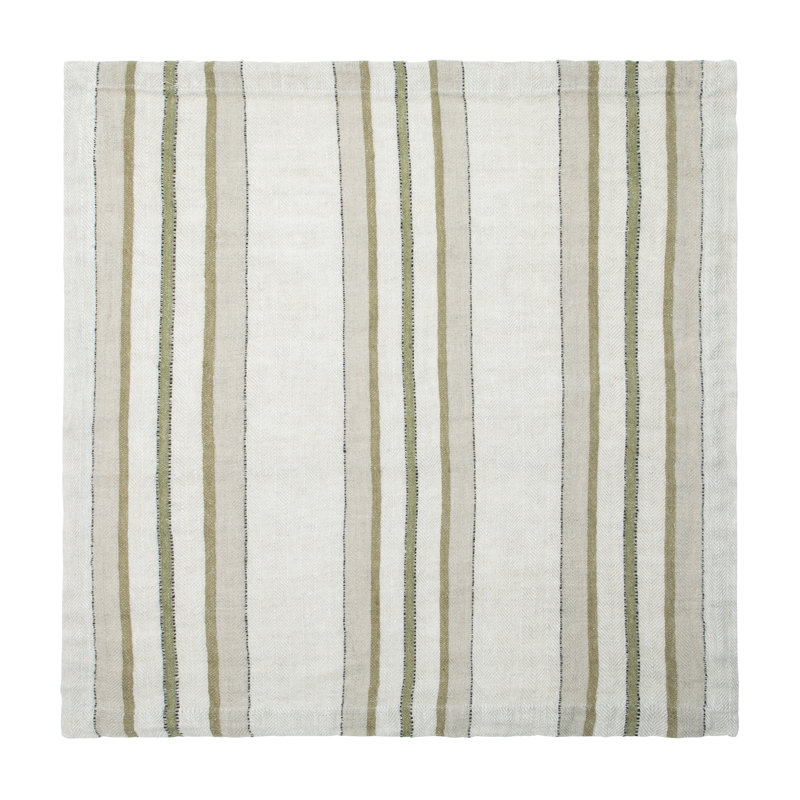Natural and Olive Striped Linen Square Napkin Set of 4
