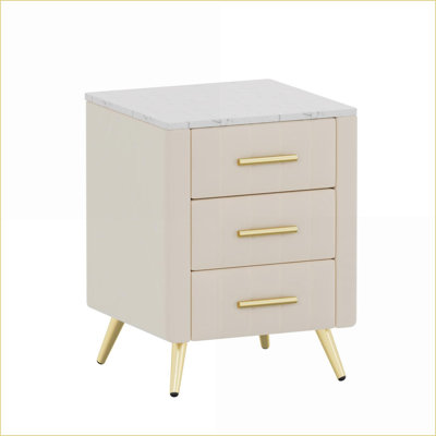 Table de chevet rembourrée beige à 3 tiroirs avec plateau en marbre et détails métalliques