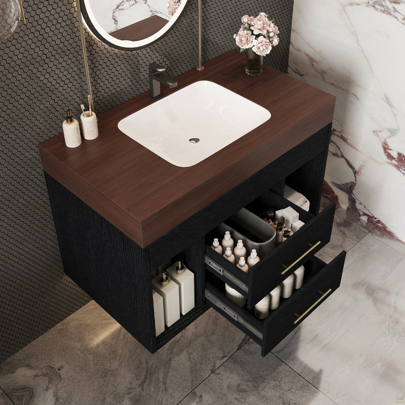 Ensemble de meuble-lavabo mural flottant 29,9 po, Noir, Brun