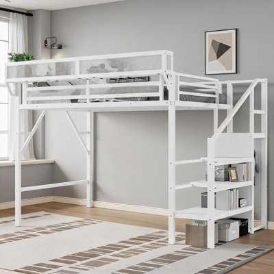 Extra-Long Twin XL Size Loft Bed Frame Metal High Loft with Stairs and Integrated Storage Clean White
