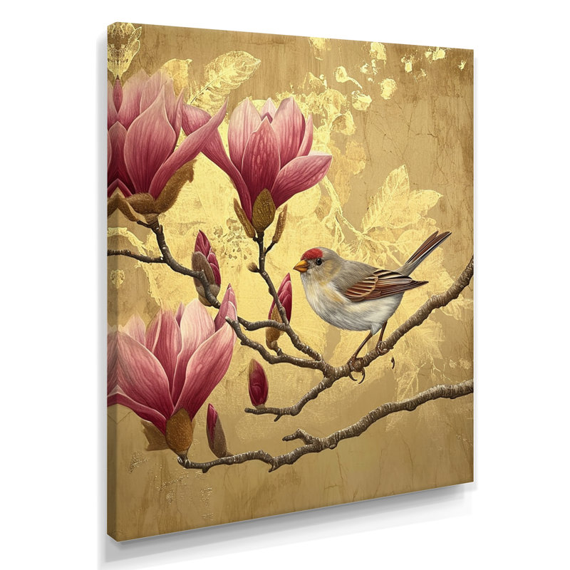 Oiseau pinson sur un magnolia - décoration murale, Toile tendue, H 44 po x l 34 po x P 1,5 po