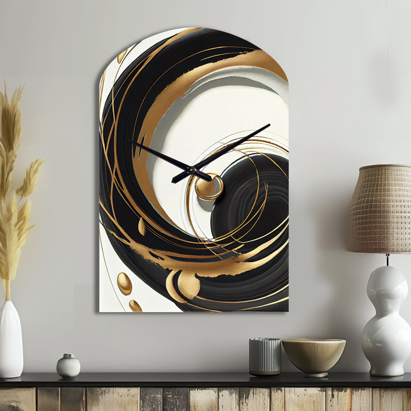 Gold Glamour Circle II - horloges métalliques en marbre arqué, horloge murale asymétrique, Grand