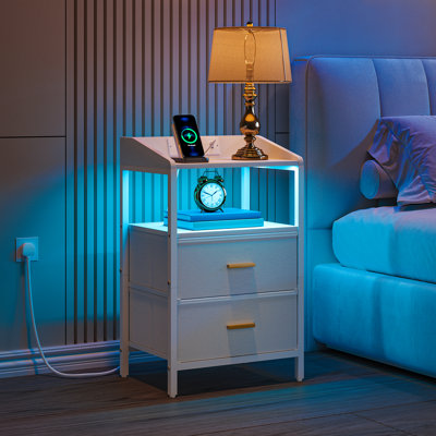 Bedside Table with LED Lights and Charging Station, Bedside Cabinet with 2 Fabric Storage Drawers, Nightstand with USB Ports & TypeC for Bedroom, Livingroom 