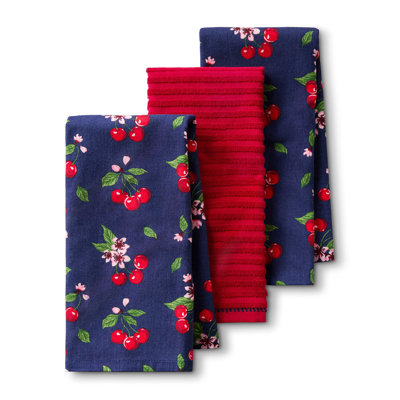 DRAPER JAMES Cherry Blossom Kitchen Towel 3-Pack Set, Absorbent 100% Cotton, Navy/Red, 17"x28"