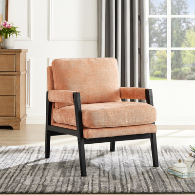 Fauteuil orange en chenille - conception de style Mid-Century, coussin de dossier amovible, siège d'appoint moderne à structure en bois robuste, assise et dossier moelleux
