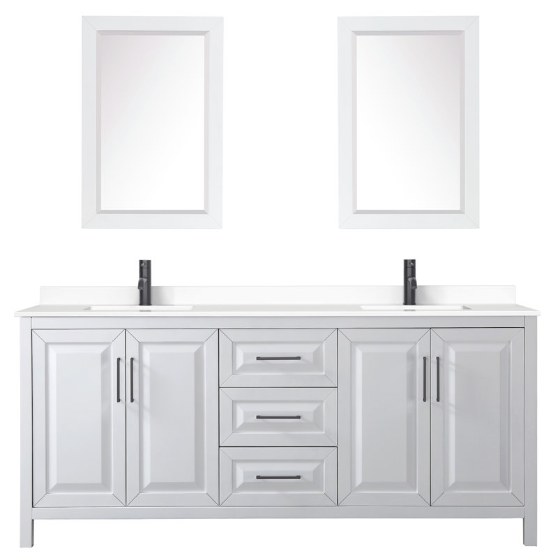 Daria 80'' Double Bathroom Vanity with Marble Top with Mirror, White, Polished Chrome, Carrara Cultured Marble
