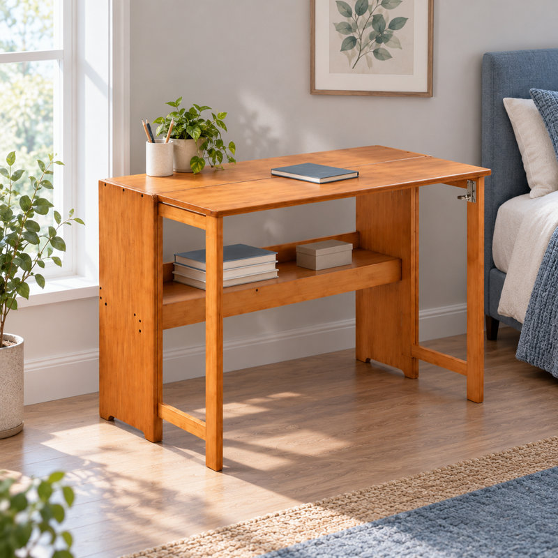 Bureau pliant en bambou brun 40,35 × 21,36 × 29,74 pouces, avec charnières en acier et tablette pour chambre, dortoir ou bureau
