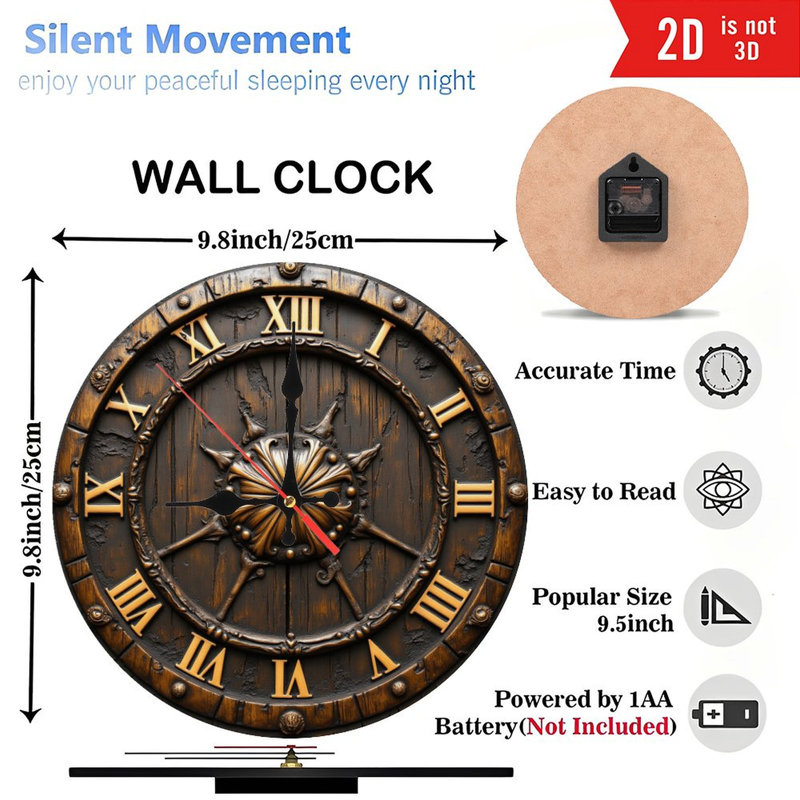 Horloge murale 10 po en MDF rond avec mouvement à quartz silencieux et crochet sans perceuse (piles AA non incluses)