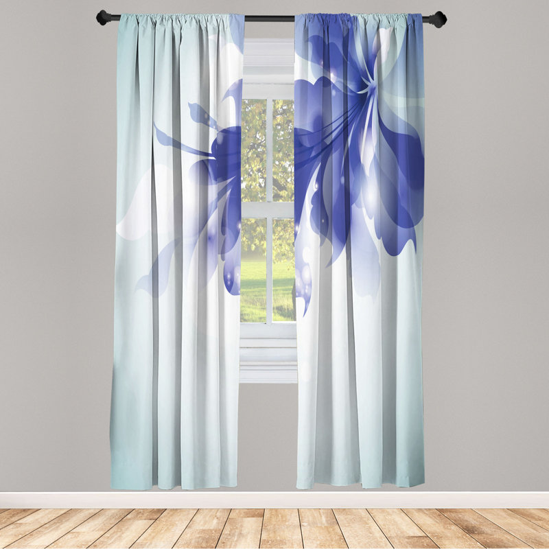 Microfiber Floral Semi-Sheer Rod Pocket Curtain Panels, 28" W x 95" L, Dark Blue/Light Blue/White