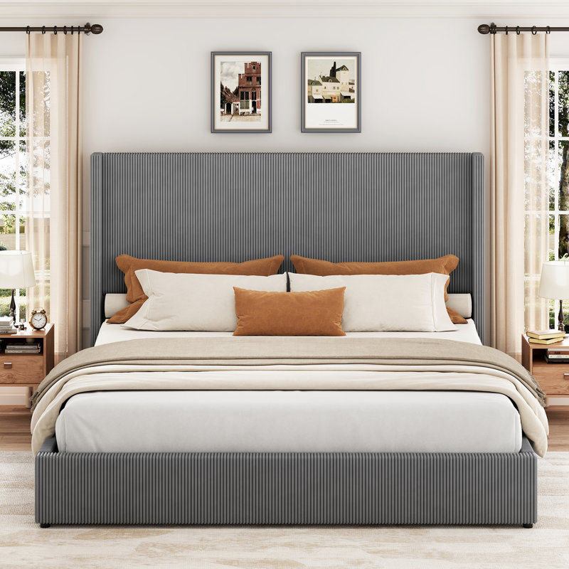 King Bed Frame with 4 Storage Drawers & Tufted Corduroy Wingback. Noise-Free   Support, Gray, King
